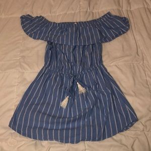 blue and white off the shoulder dress